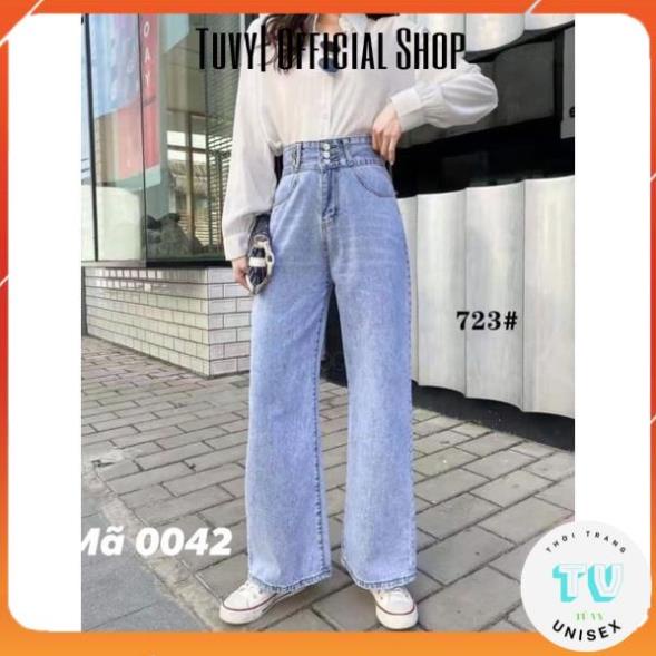 Quần bò nữ TUVYSHOP Quần Jeans Ống Rộng 3 Cúc Cạp Cao hack dáng đanh mịn không phai màu xanh 3 size S M L