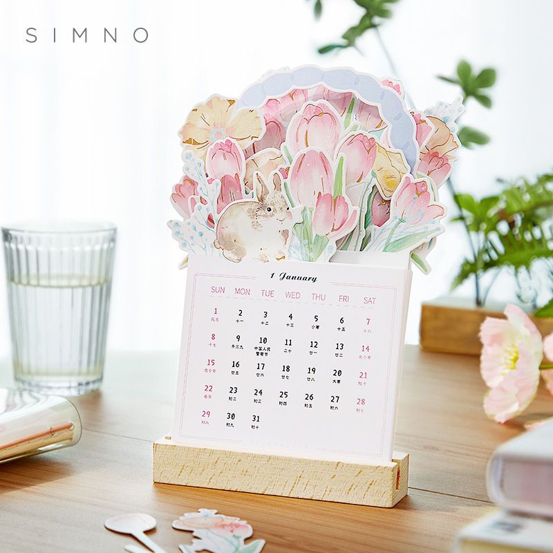 Lịch Để Bàn Năm 2023 Đế Gỗ Hình Hoa Tulip Đơn Giản Sáng Tạo