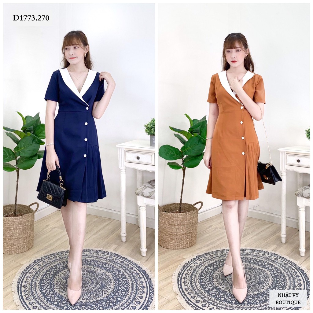 ĐẦM VEST CỔ ĐẮP CHÉO PHỐI TRẮNG - D1773