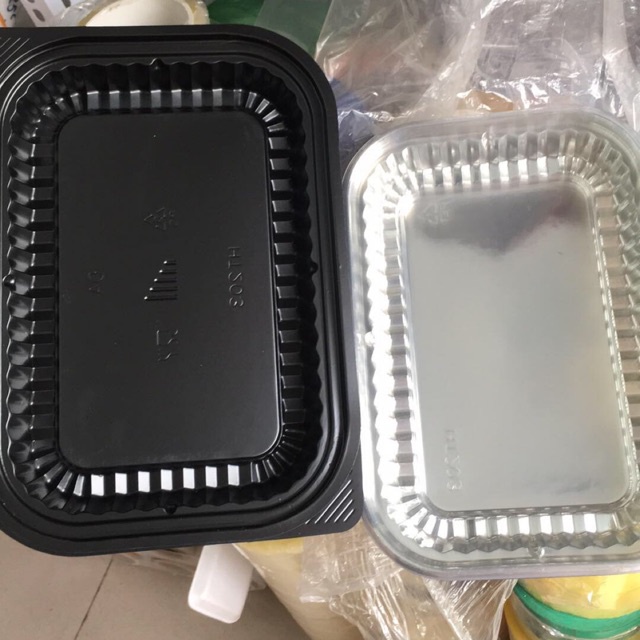 Sỉ 100 cái hộp cơm nhựa 1 ngăn đen loại to Mã HT203 Kèm nắp PET Trong  dùng cho cơm văn phòng, quán ăn, nhà hàng