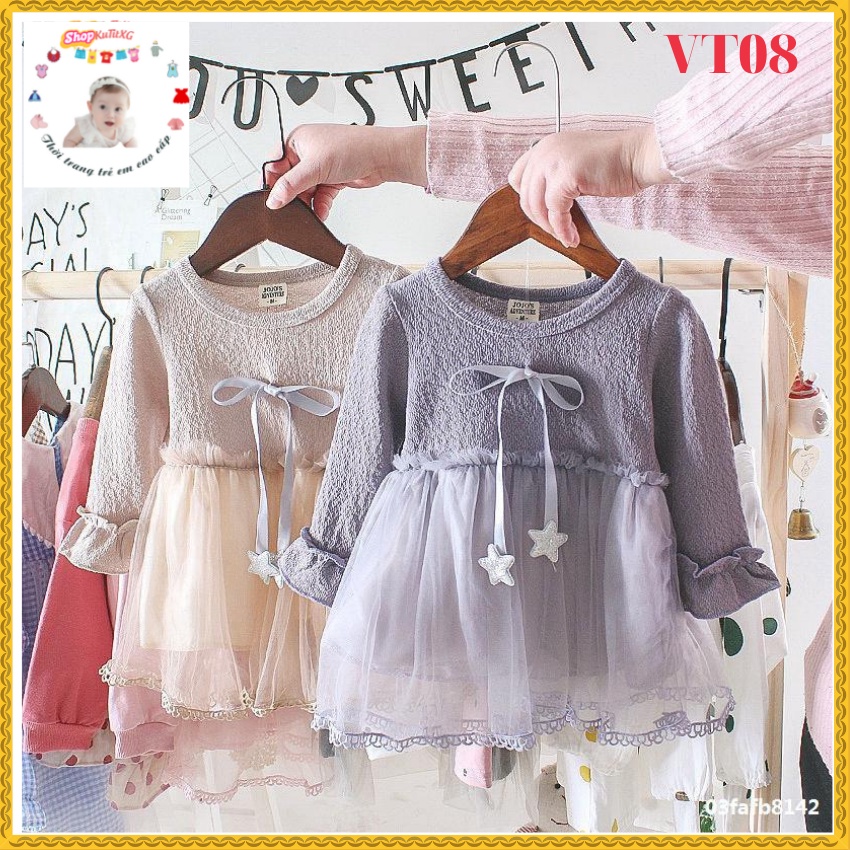 Váy thun dài tay phối ren đính nơ sao dành cho bé gái 0-3 tuổi  VT08