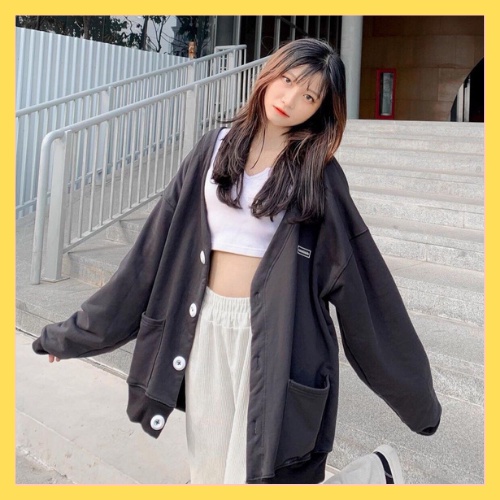 Áo Cadigan nỉ logo ngực - Áo khoác nỉ dáng rộng cổ V 4 khuy ullzang - CHAN CHAN STORE