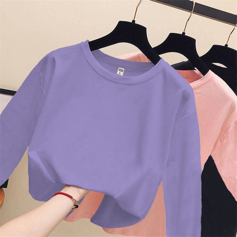 Áo Thun Tay Dài Dáng Rộng Màu Sắc Đơn Giản Cho Nữ