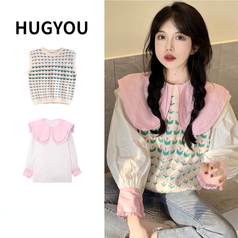 Bộ Áo Khoác Vest Dệt Kim + Áo Sơ Mi Tay Dài Cổ Búp Bê Xinh Xắn Cho Nữ