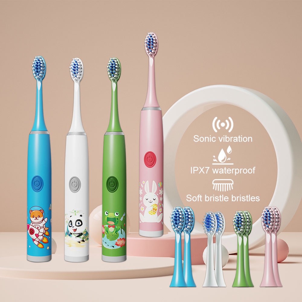 Bàn Chải Đánh Răng Điện Sonic Hoạt Hình Chống Thấm Nước Ipx7 Kèm 2 Bàn Chải Thay Thế