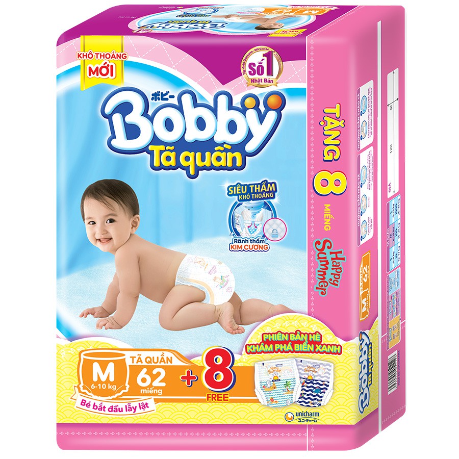 Tã quần Bobby Size M 62 Miếng (Khuyến Mãi Tặng Thêm 8 Miếng)