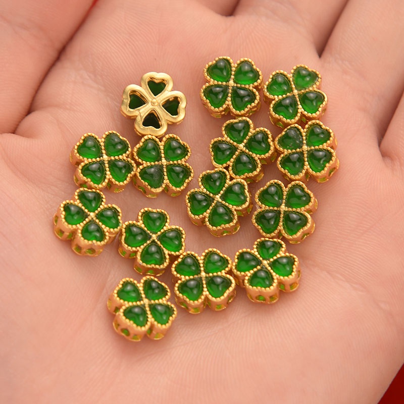 Phụ Kiện Trang Sức Vòng Đeo Tay Dây Bện Mặt Cỏ Bốn Lá Màu Vàng Đỏ Phong Cách Cổ Điển diy