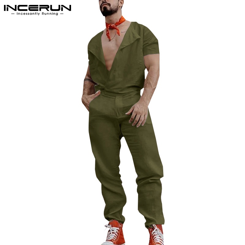 Áo liền quần Incerun tay ngắn cổ bẻ có khóa kéo phong cách thường ngày cho nam