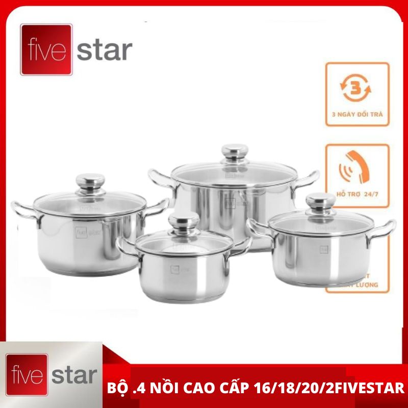 BỘ nồi inox FIVESTAR 16/18/20/24 CM NẮP kiếng bếp từ ( HÀNG CHÍNH HÃNG BẢO HÀNH 5 NĂM)