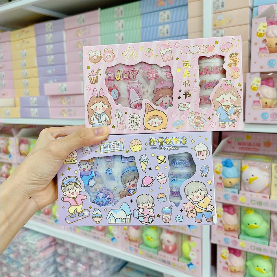 Hộp 10 washi tape + 10 sticker hình dán dễ thương