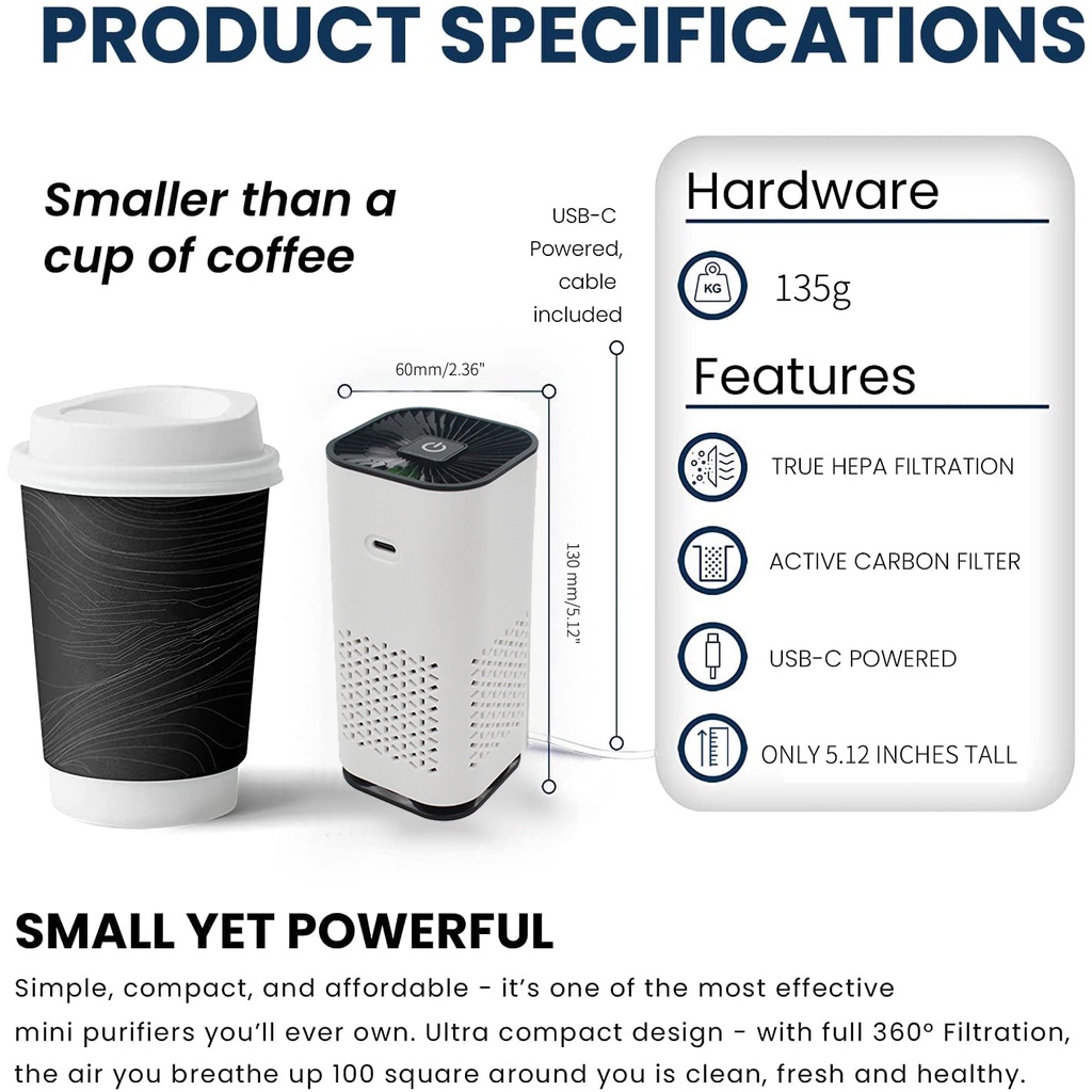 Máy Lọc Không Khí Mini Di Động Cho Xe Hơi/Phòng Ngủ H13 HEPA