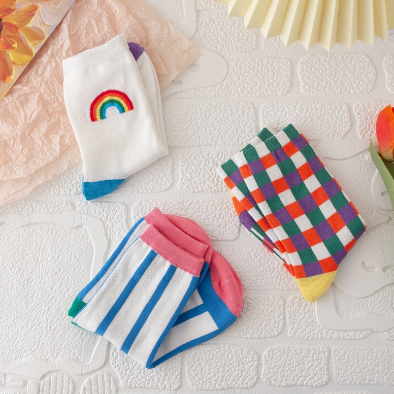 WAFNHA D308 Vớ cotton Cổ Trung Màu Cầu Vồng Phong Cách Hàn Quốc Thời Trang Cho Nữ