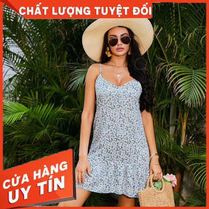 Đầm Lovito hai dây mảnh không tay viền xếp ly họa tiết hoa phong cách boho thanh lịch mặc hàng ngày thời trang hè L01121