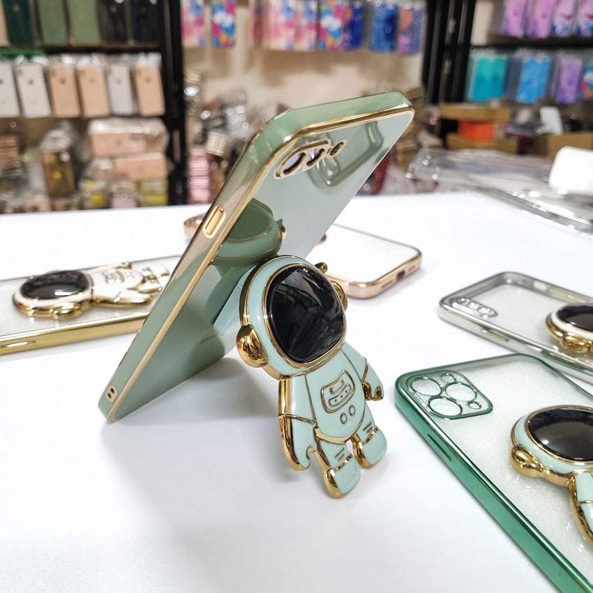 Ốp lưng cho Iphone dẻo trong viền vuông màu kèm đế đỡ Phi Hành Gia Cực Chất từ 7plus/8plus/x/xsmax/11/12/13/pro/max đẹp