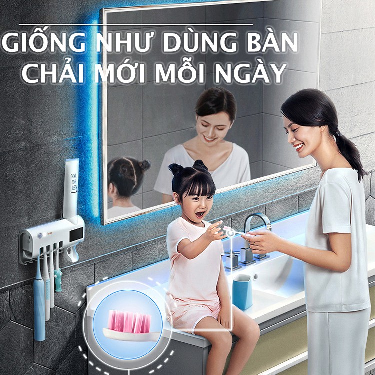 Giá treo bàn chải đánh răng, tự động lấy kem và khử khuẩn bàn chải bằng tia UV, mã GIA_TBC