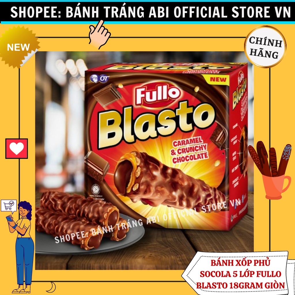 Hộp 15 cây-Bánh xốp ống socola 5 lớp giòn Fullo Blasto-Hàng nhập Indonesia-270g