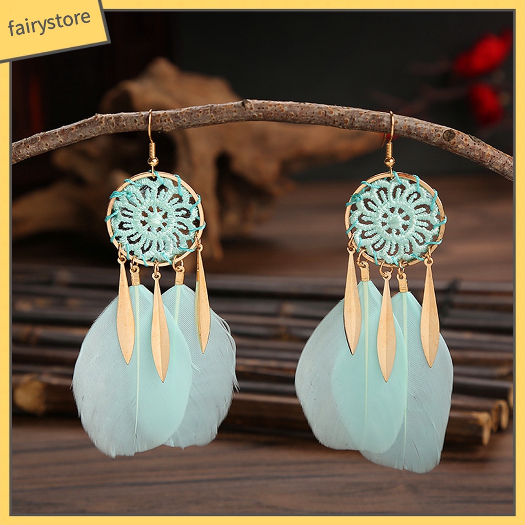 1 Đôi Bông Tai Hình Dreamcatcher Đính Lông Vũ Tua Rua Phong Cách Bohemian Dành Cho Nữ