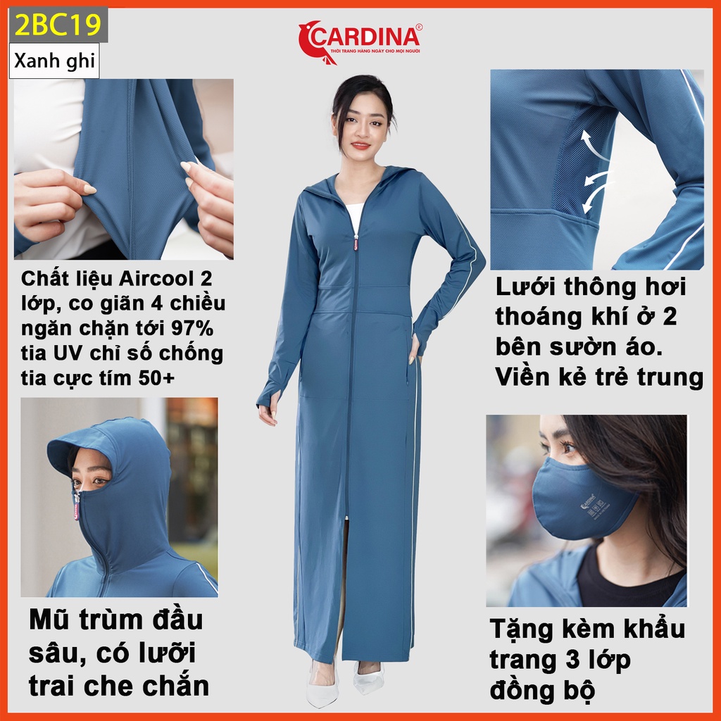Áo chống nắng nữ CARDINA 2 lớp dáng dài liền thân chất thun lạnh Nhật cao cấp viền thể thao chống tia UV 2BC