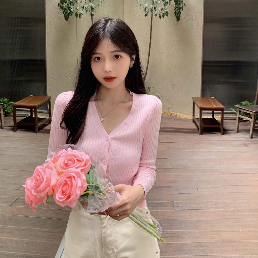 Áo khoác cardigan dệt kim tay dài cổ chữ v phối nút phong cách hàn quốc thời trang mùa thu mới cho nữ