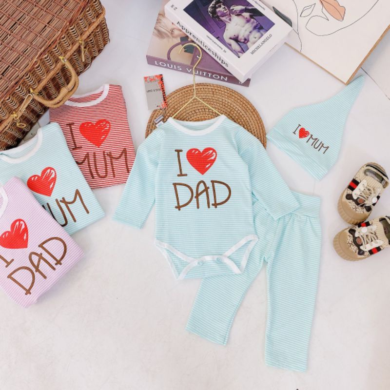 Body Dài Tay Sơ Sinh Kèm Quần Và Mũ Dad Mum, Body 3 Chi Tiết Cho Bé