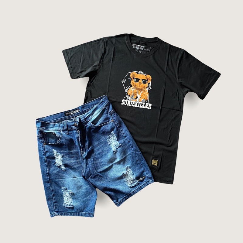 Quần Short Jean Rách Lướt Sóng & Áo Phông