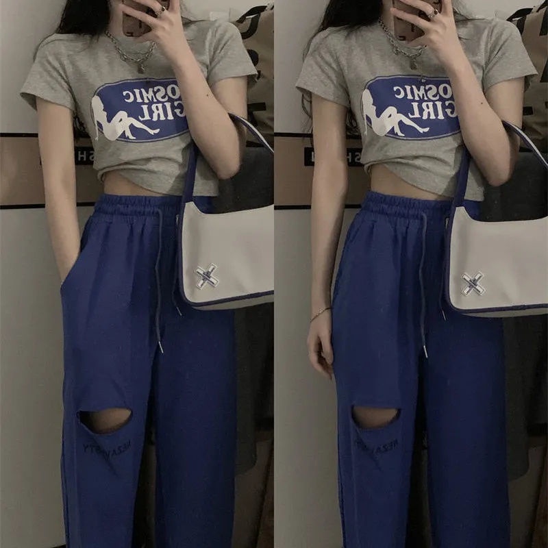 COZOKC COZOK Set Áo thun ngắn tay in họa tiết + quần ống rộng COZOK lưng cao thời trang cho nữ