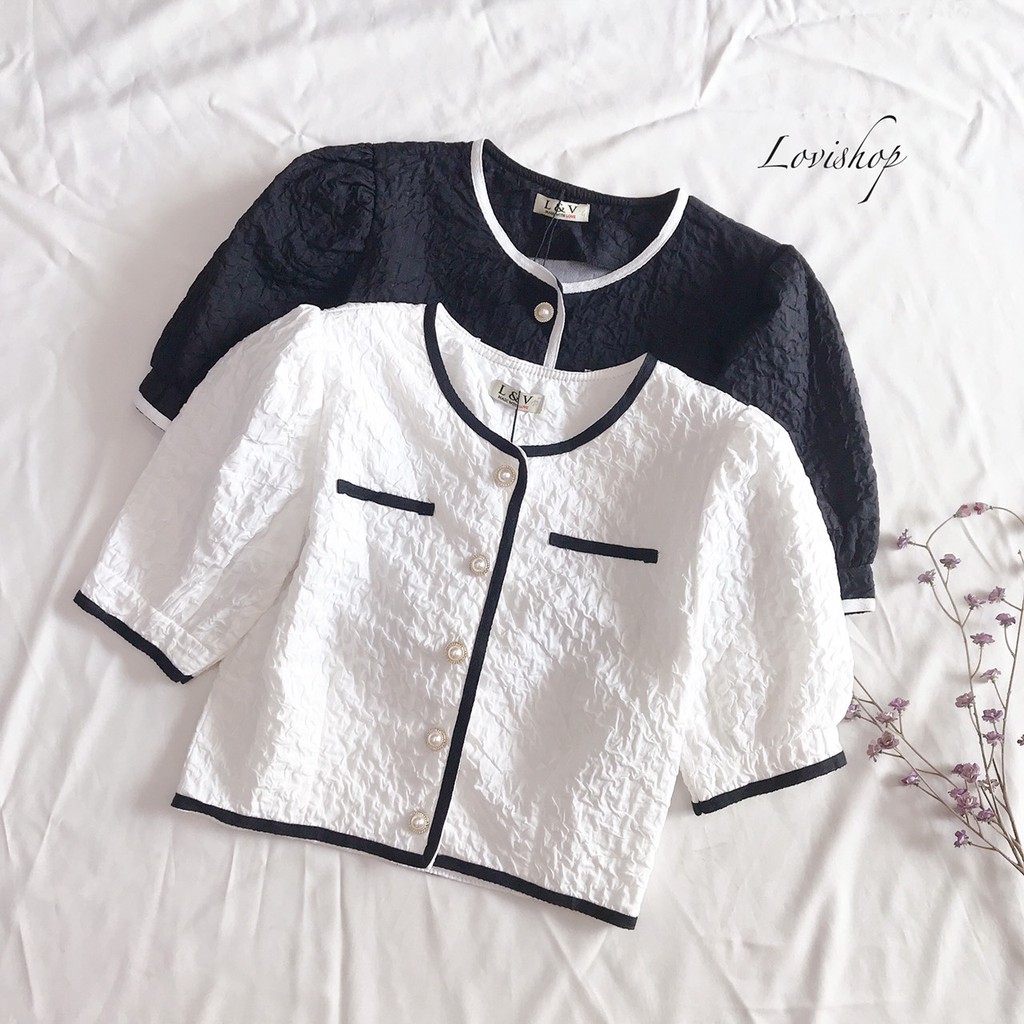 LOVI SHOP- Áo sơ mi croptop xốp tay phồng cúc ngọc viền đen trắng phong cách tiểu thư cực sang chảnh