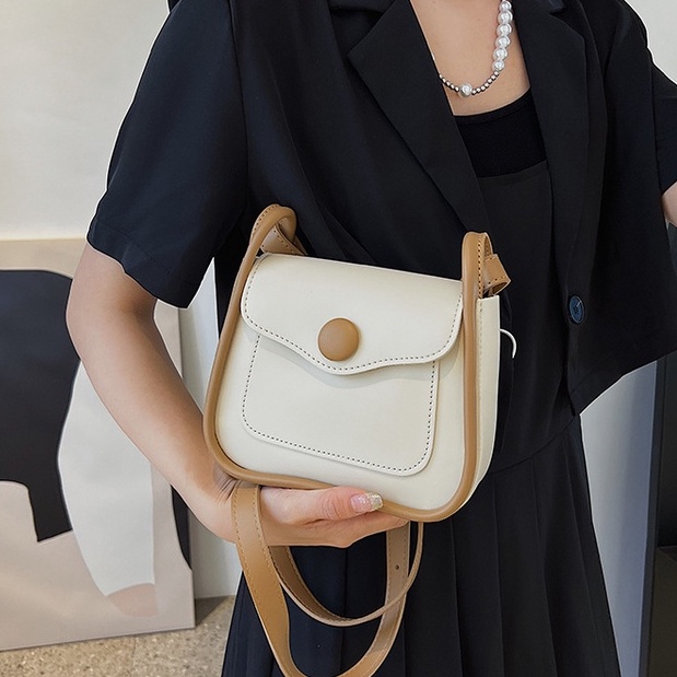 Túi đeo chéo nữ mini hộp da nắp khuy bấm mềm phối màu thời thượng