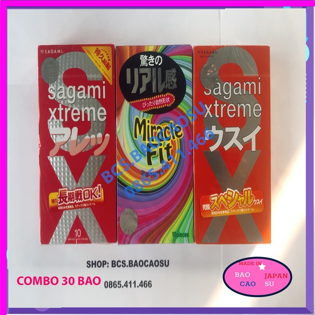 Combo 30 bao cao su Kéo dài thời gian Sagami Feel Long 10 + Miracle Fit 10 + Love Orange 10 [Free Ship]