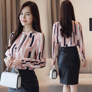 Áo kiểu nữ tay dài cổ trụ hoạ tiết sọc phối nhiều màu thời trang