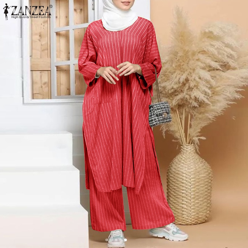 Bộ đồ nữ thường ngày ZANZEA với áo kiểu cổ tròn dáng rộng và quần dài ống rộng eo thun in hình sọc retro Hồi giáo