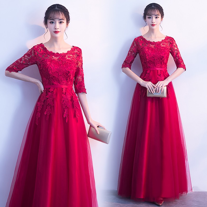 ☑⊕❧red váy cưới cô dâu dạ hội nữ khí chất cao quý phù mỏng ren Dài Nửa Tay