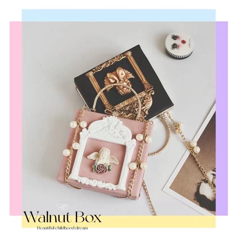 Túi xách đeo vai dạng hộp phối dây xích đính ngọc trai thời trang cho nữ