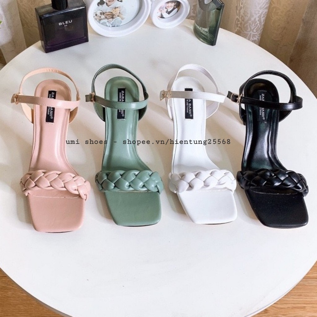 [DÁNG MỚI] Giày sandal cao gót 6cm quai ngang mảnh xoắn tết bện đan bính phồng kiểu mới hot trend mũi vuông đi chơi