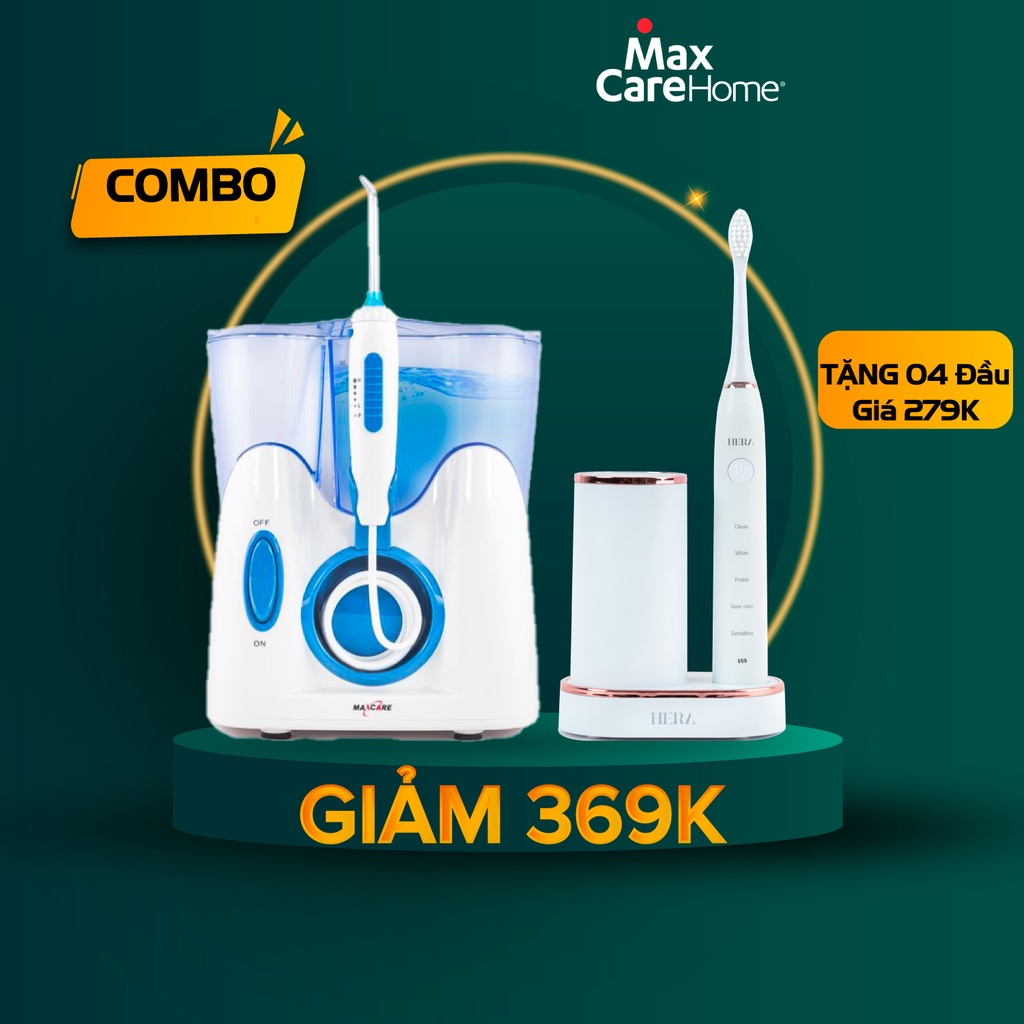 [COMBO GIẢM 369K] Máy tăm nước gia đình + Bàn chải điện sóng siêu âm Maxcare Hera Whitening
