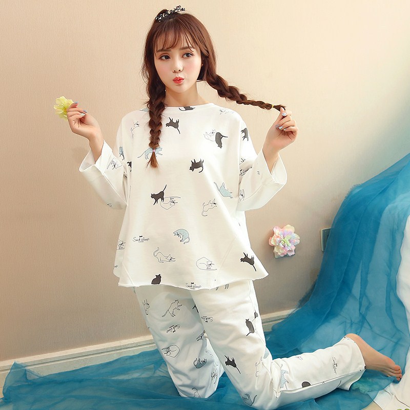 Set Pijama Áo Dài Tay Cổ Bẻ + Quần Dài Đáng Yêu Cho Nữ