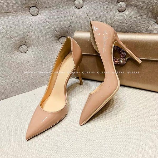 Giày Cao Gót Mũi Nhọn Nữ Màu Nude Da Bóng Hở Eo Nữ Tính Cho Nữ Công Sở Dự Tiệc, Giày Cao Gót Cao Cấp Cao 9-11 Phân