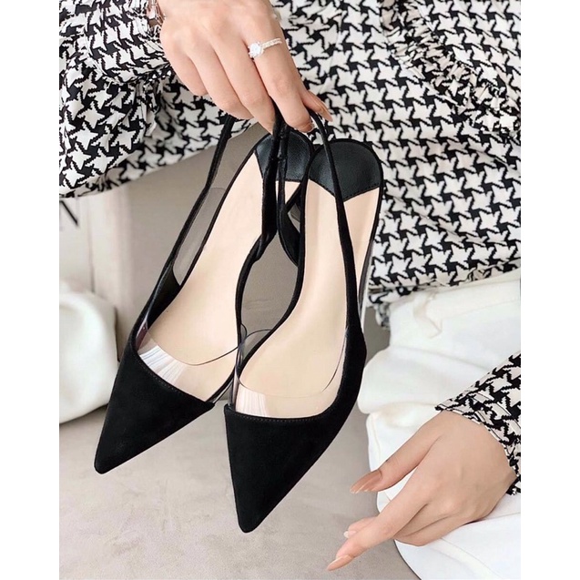 Giày gót nhọn bít mũi hở gót dễ thương trẻ trung 6p màu đen, trắng