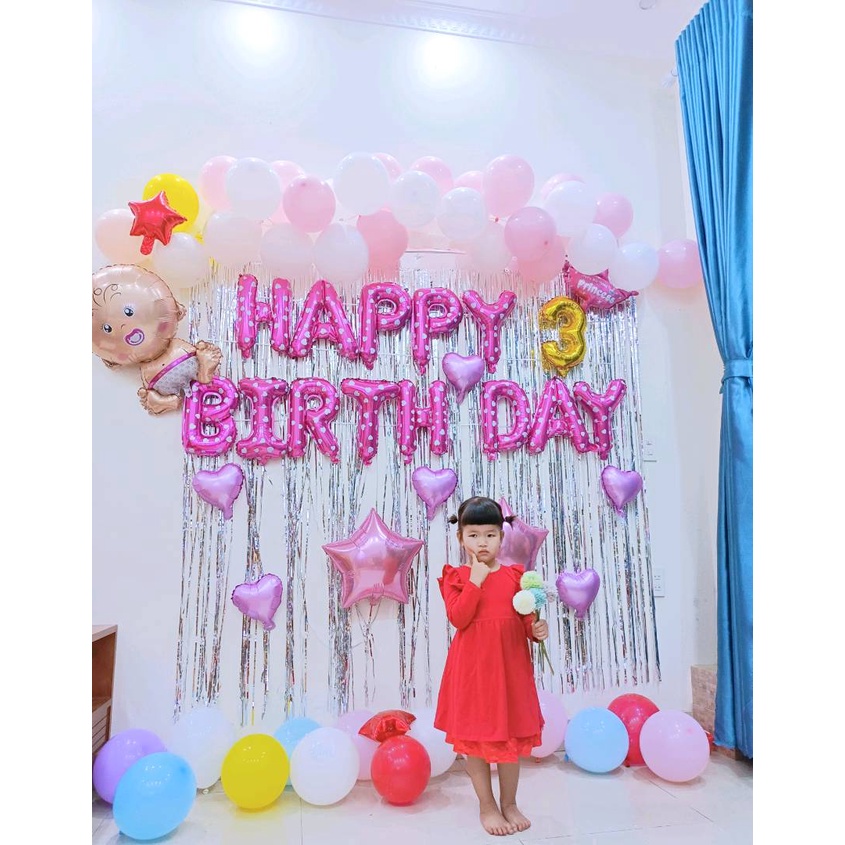 Combo Set Trang Trí Sinh Nhật 2 Rèm Kim Tuyến, Bóng Chữ Happy Birthday và 50 bong bóng tròn cho bé trai, bé gái CB01