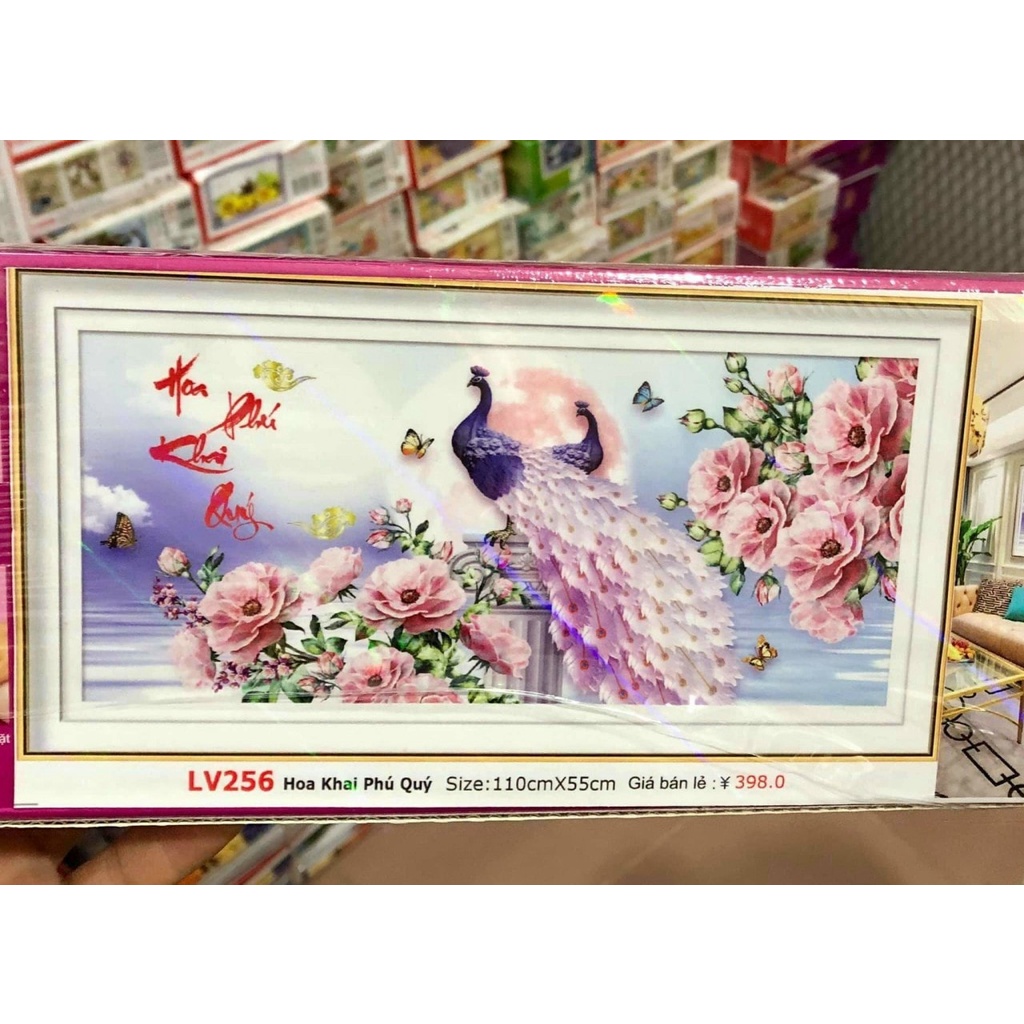 Tranh đính đá cao cấp Hoa Khai Phú Quý LV256(110x55cm) - tranh chưa đính đá