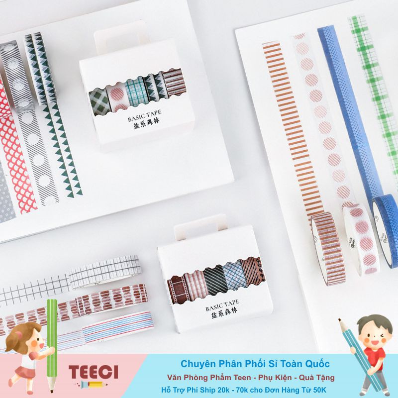 &lt;Ảnh Thật Shop Chụp&gt; Lẻ 1 Cuộn Băng Keo Dính Washi Tape Họa Tiết Basic Trang Trí Sổ Tay Nhật Kí Khay Đựng Bút Teeci636