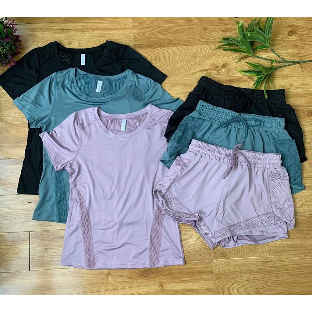 Quần áo tập gym nữ - Set Bộ Đồ Tập Gym Dây Rút Tập Yoga Aerobic Chạy Bộ Gồm Áo và Quần Đùi lưới Co Giãn Tốt