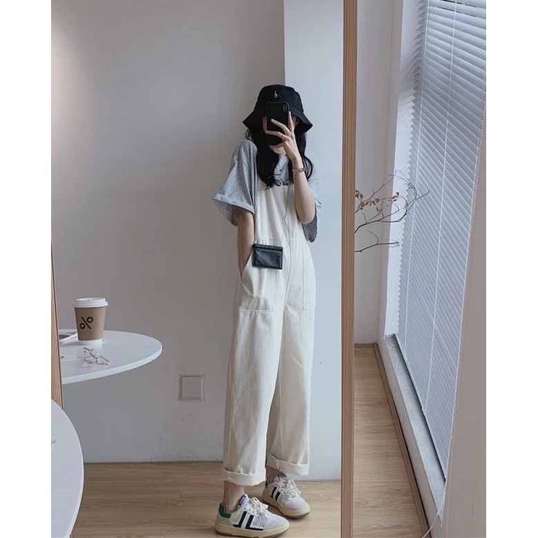 Yếm quần kaki nữ form rộng unisex oversize phong cách ulzzang màu be