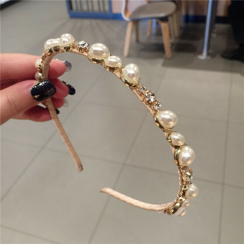 Băng đô dáng mảnh đính pha lê đá và ngọc trai giả phong cách Hàn Quốc cho nữ