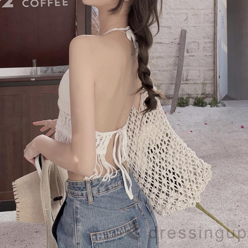 Áo Dệt Kim Hai Dây Hở Lưng Màu Sắc Trơn Thời Trang Cho Nữ