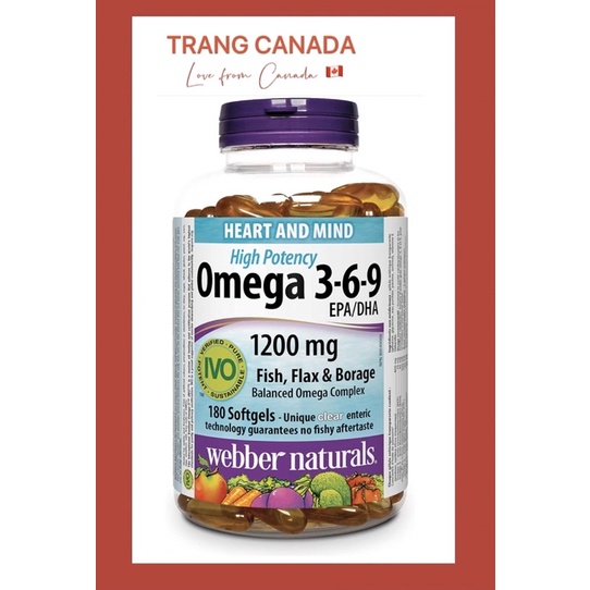 Viên dầu cá omega 3-6-9 hàm lượng 1200mg- Công nghệ khử tanh, hộp 180 viên - Webber Canada