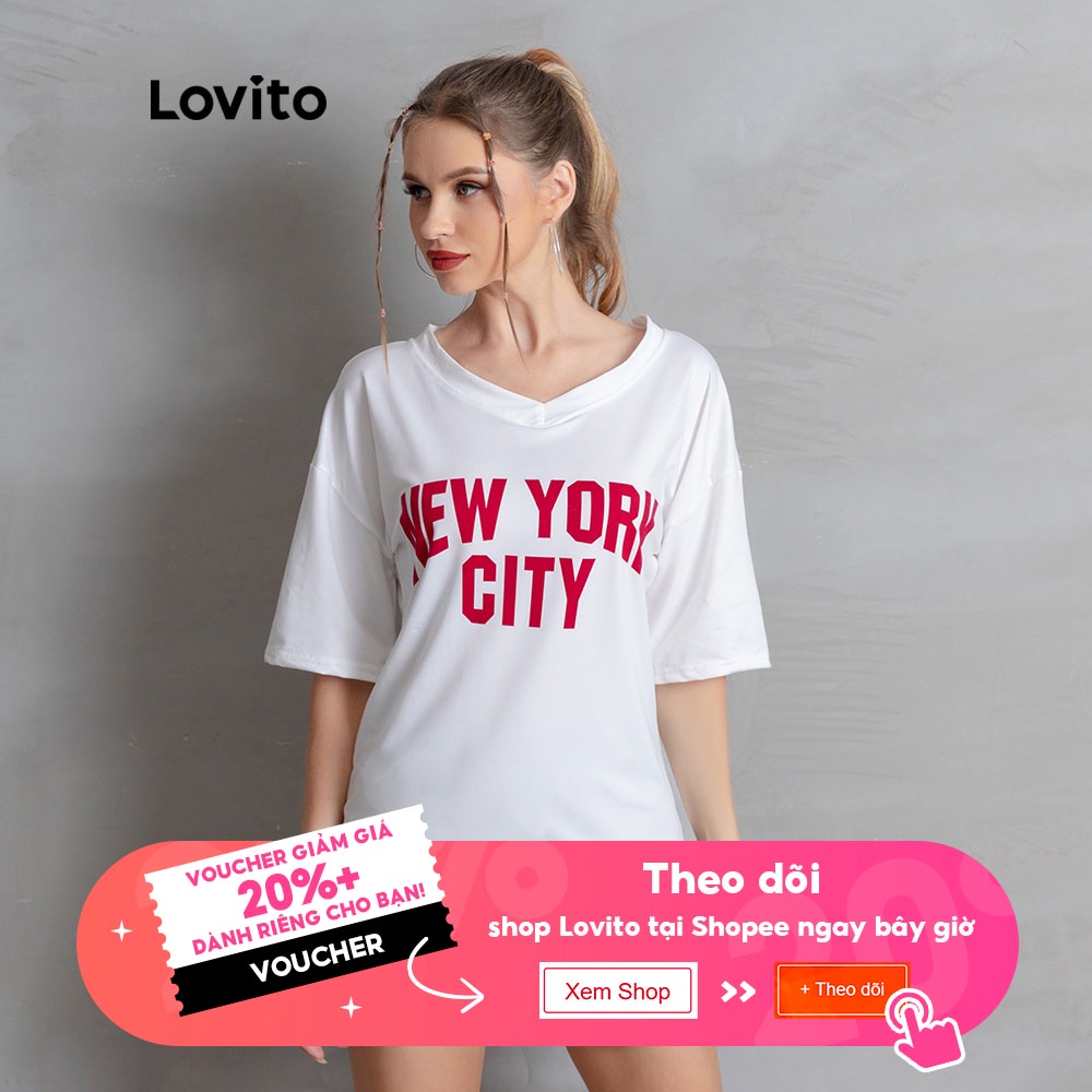 Áo thun Lovito cổ tròn V họa tiết in chữ cái kiểu dáng rộng rãi thời trang thường ngày L05106 (màu trắng) | BigBuy360 - bigbuy360.vn