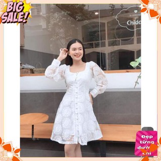 [HÀNG CAO CẤP] Đầm nữ ren hoa cúc tay dài bồng phối nút bọc sang chảnh [KÈM ẢNH THẬT]