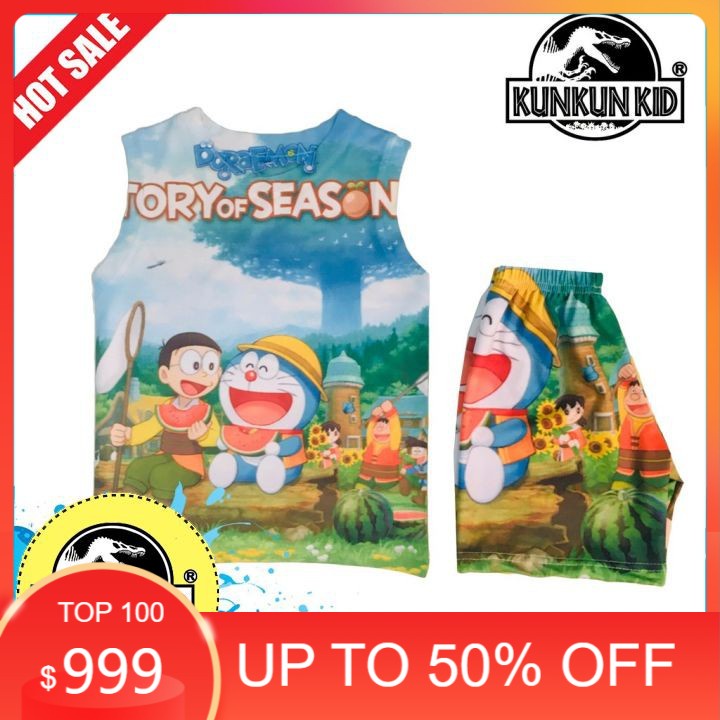Bộ Quần Áo Thun 3 Lổ Bé Trai In 3D Hình Doremon Xanh Nhạt Size từ 10kg-40kg