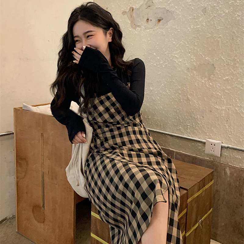 Đầm IELGY dài tay họa tiết sọc caro thiết kế xẻ tà thời trang retro Pháp